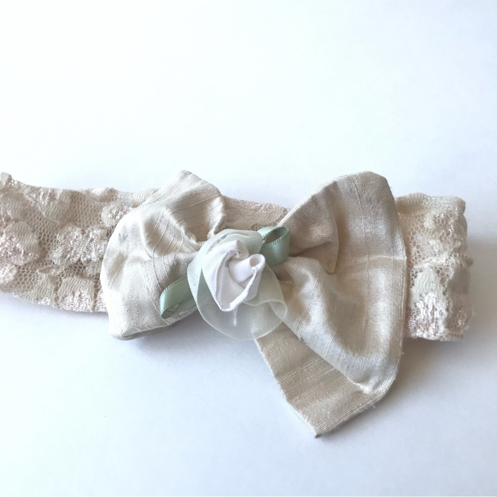 Bebemonde Off White Beige Lace Silk Organza Flower Bow Party Baby Girl Headband
